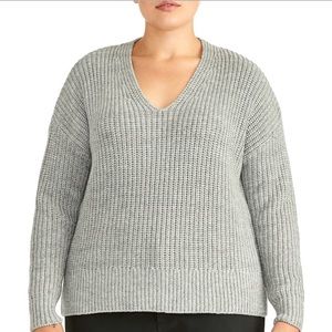 NWT Rachel Roy Collection Chunky V-Neck Sweater 1X Plus Grey